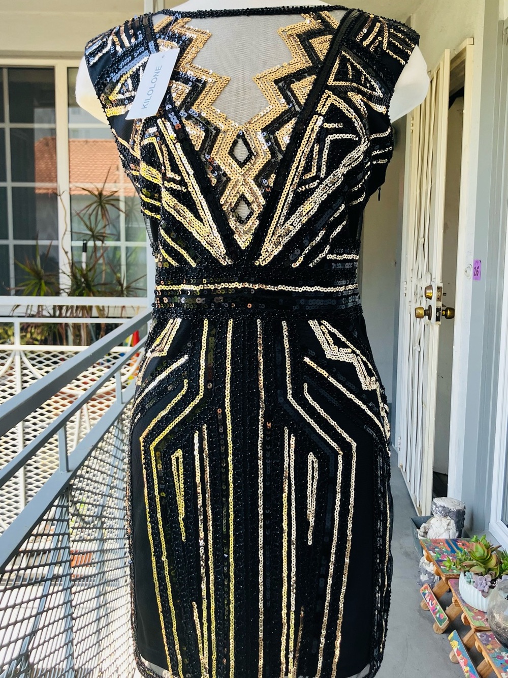 Black & Gold Geometric Sequin Cocktail Mini Dress